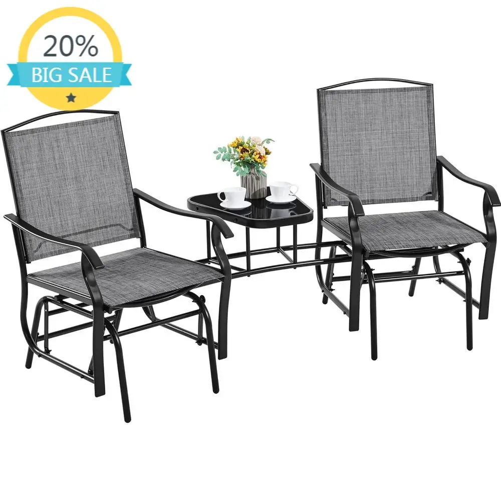 

Серый двухместный уличный диван-качалка из ткани салфетка с тумбочкой из стекла для патио, газона и веранды