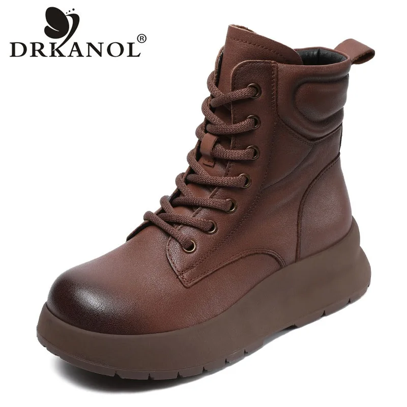 DRKANOL Handmade Retro Genuine Leather Chunky Platform Boots Women Thick Bottom Wedges Round Toe Comfort Winter Cotton Boots