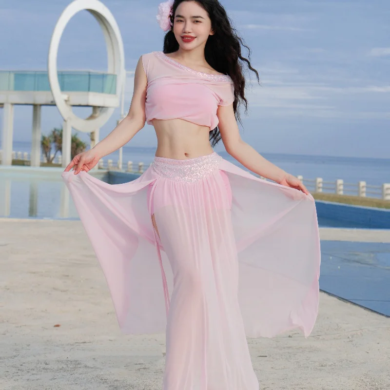 2025 nova roupa de dança do ventre para mulheres high end lantejoulas malha conjunto adulto dança oriental sexy temperamento trajes desempenho