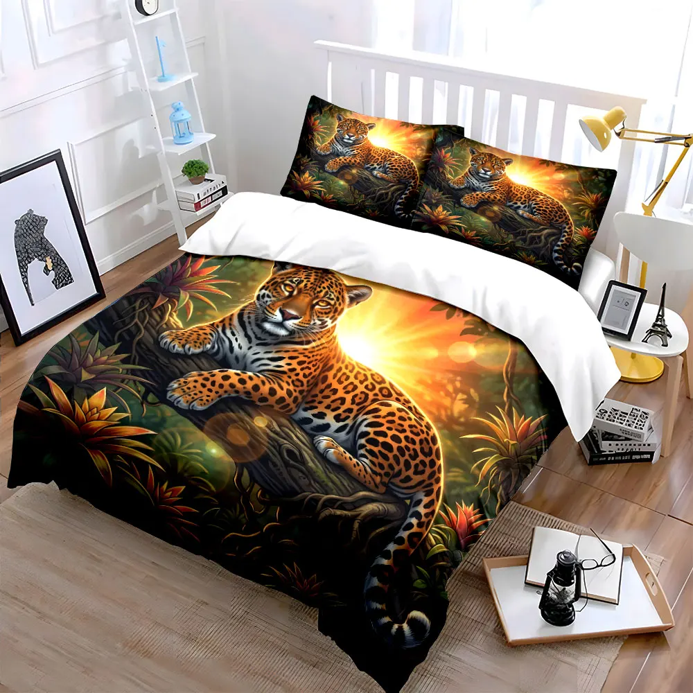 Jaguar on a Branch at Sunrise Bedding Set for Kids Luxury Gift 3pcs Digital Print Comforter Set Soft Comfortable Breathable