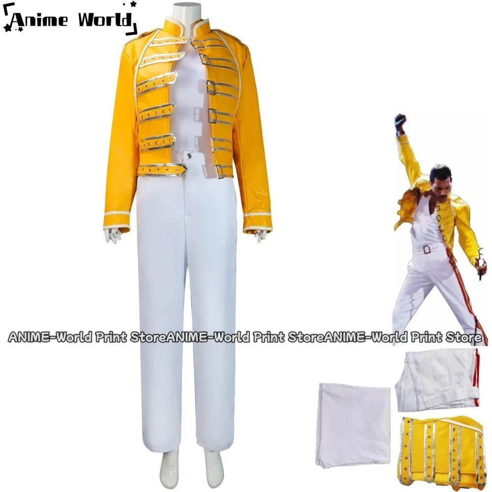 

Queen Lead Vocals Freddie Mercury Cosplay Costume Yellow PU Coat Full Set Uniform Man Woman Carnival Masquerade Ball Suit