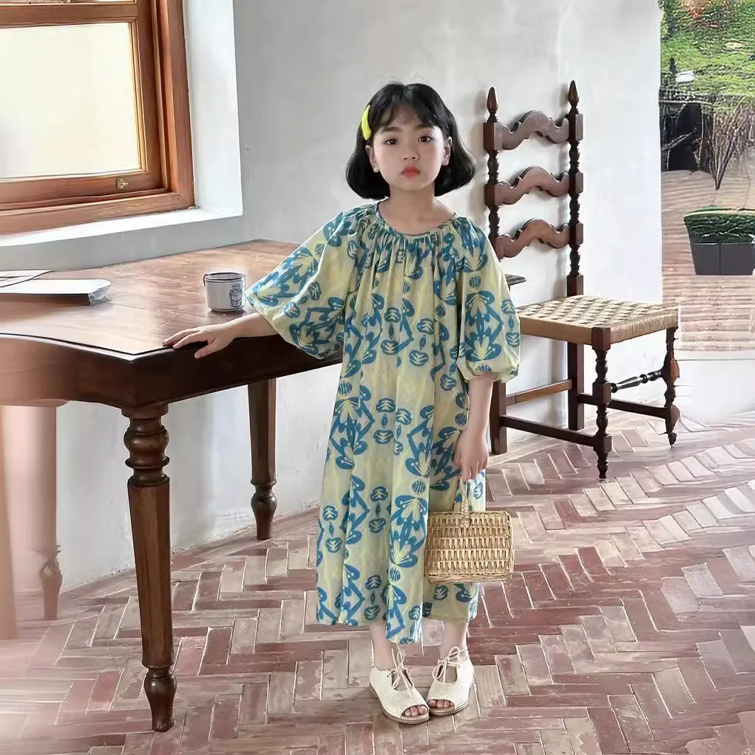 

Girl Dress Children Skirt 2024 Summer Girls Korean Style Irregular Puffed Sleeve Dress Children Round Neck Princess Dress