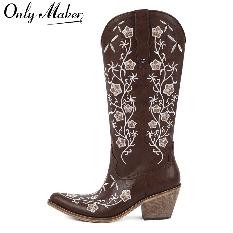 

Onlymaker Women Pointed Toe Retro Western Cowgirl Boots Chunky Heel Embroidery Side Zipper Cowboy Boots
