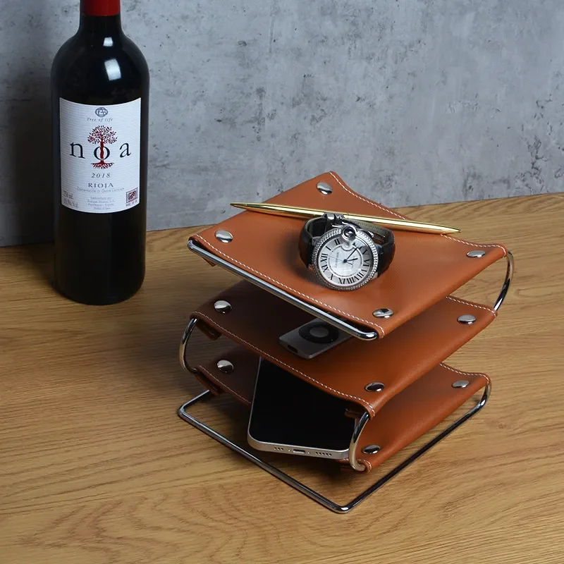 Nordic Iron Desktop Storage Box 3 Layer Leather Plate Decorative Jewelry Dish Tray Photography Prop Ornament Home Decoration