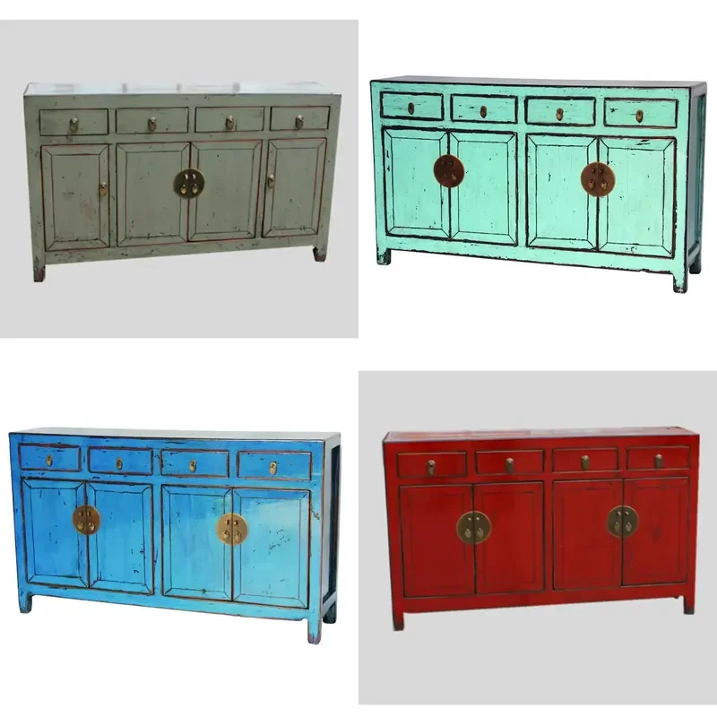 for  Chinese Antique Asian Recycled Wood Painting Four Drawers Four Doors Buffet Sideboard