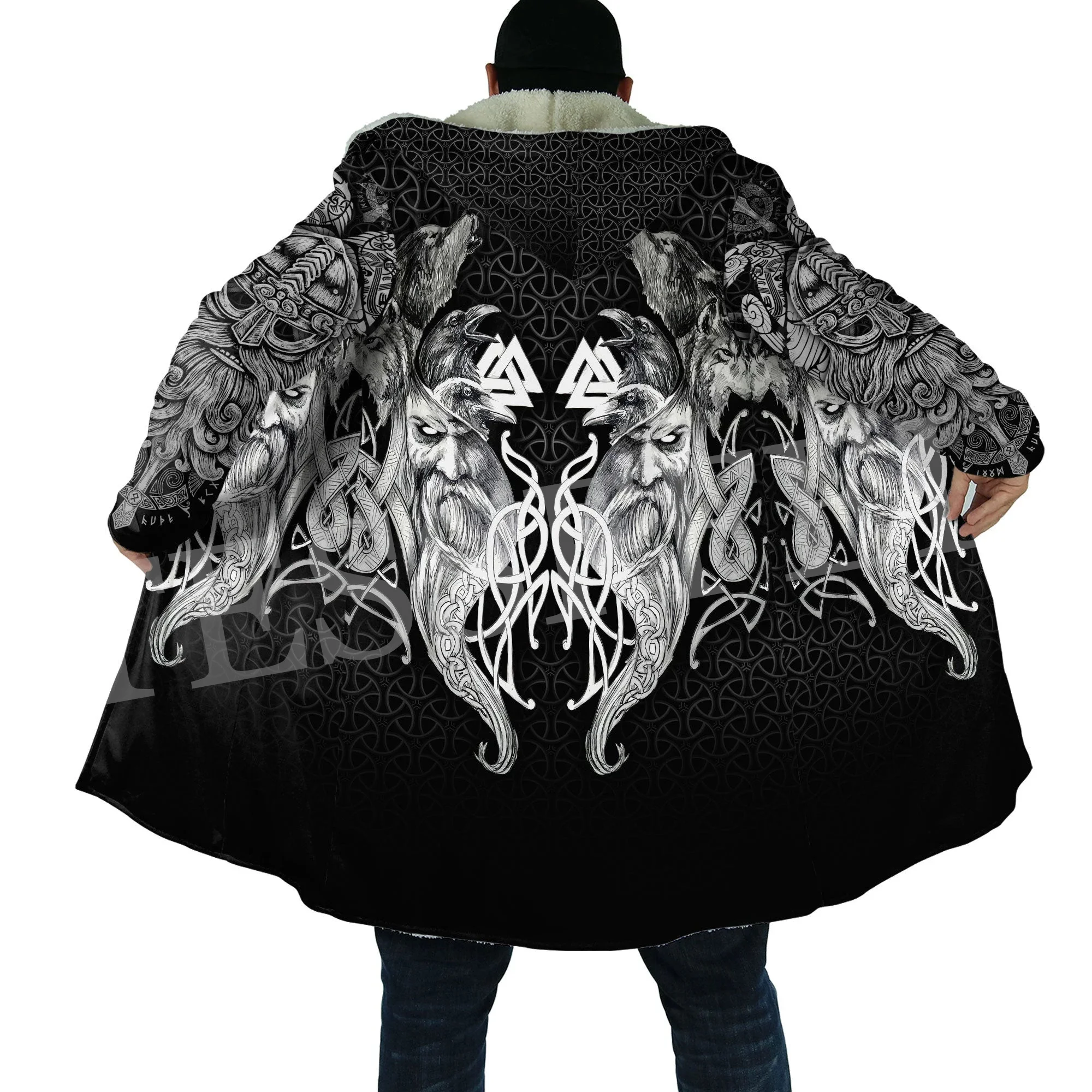 Wolf Fenrir Odin Nordic Warrior Mythology Tattoo Vintage Retro 3DPrint Windbreaker Winter Casual Hoodies Cloak Fleece Overcoat W