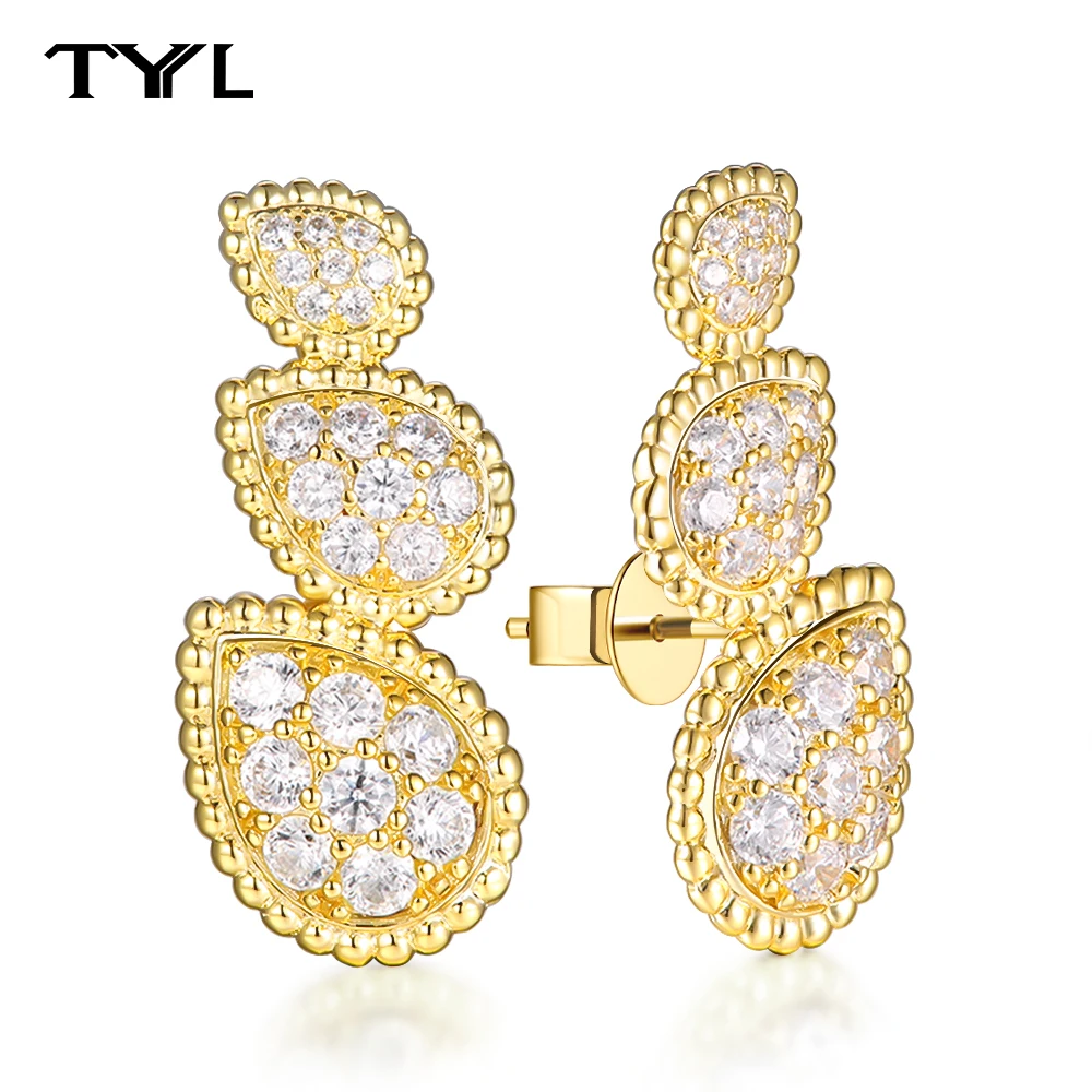 

TYYL New Trend Classic High Quality Famous Brand Luxury Jewelry Earring For Women Three Water Drop With Zircons Stud Earrings