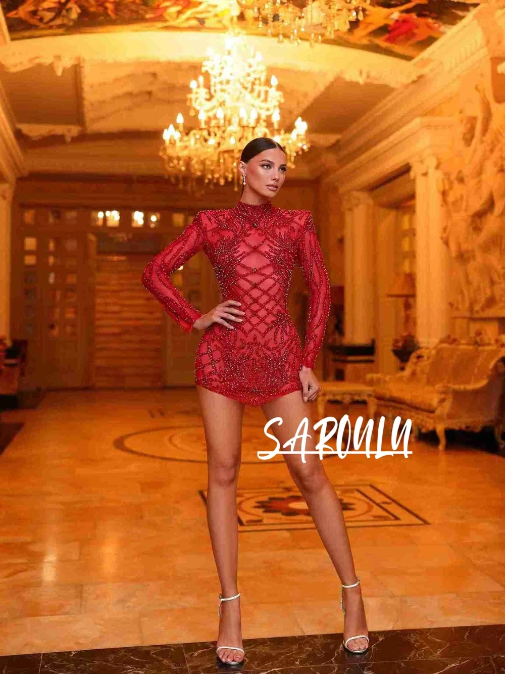 Newest Illusion Red Mini Evening Dress Dazzling Beaded High Neckline Prom Gown Customized Homecoming Cocktail Party Club Wear