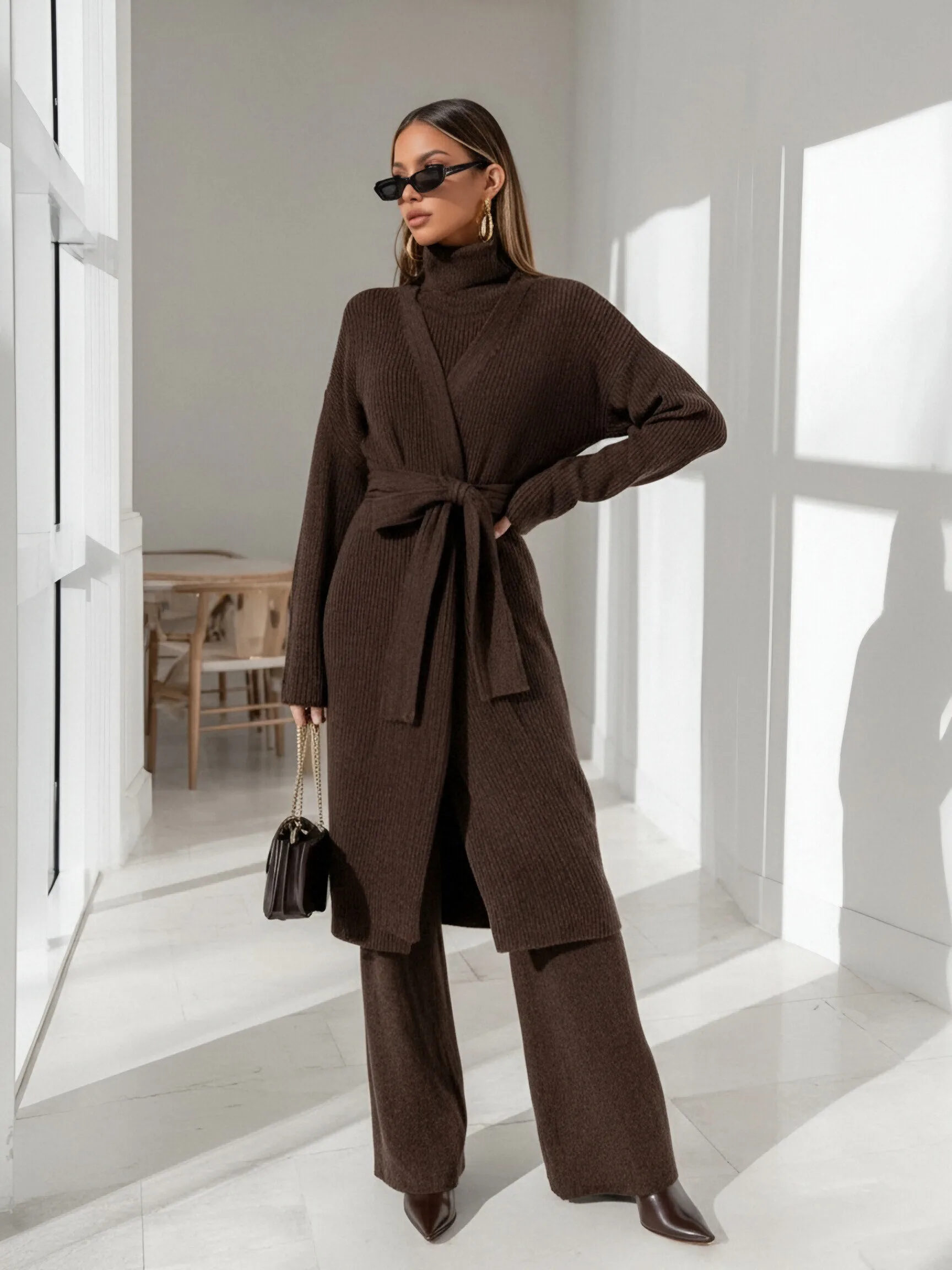 Luźna sukienka-kardigan z długim rękawem i dekoltem typu cross-collar, jesienne trendy damskie, styl otwartej koszuli, dekoracyjna, bez rękawów, krój prosty.