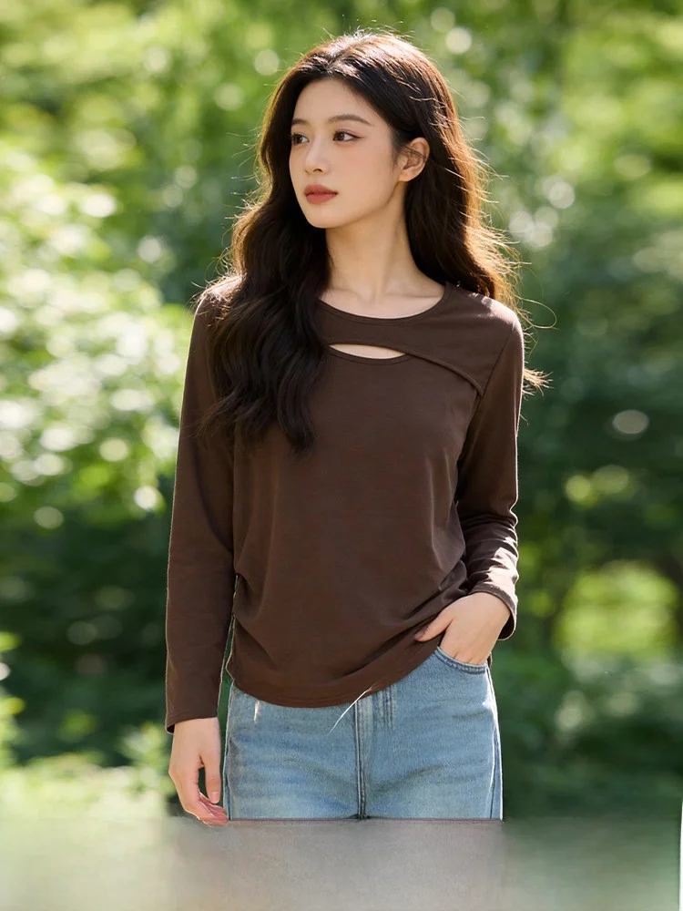 

plus Size Hollow out Long Sve T-irt Spring 2026 Ele Slim Fit Asymmetrical Design Korean Sle Commute Faion Women'...