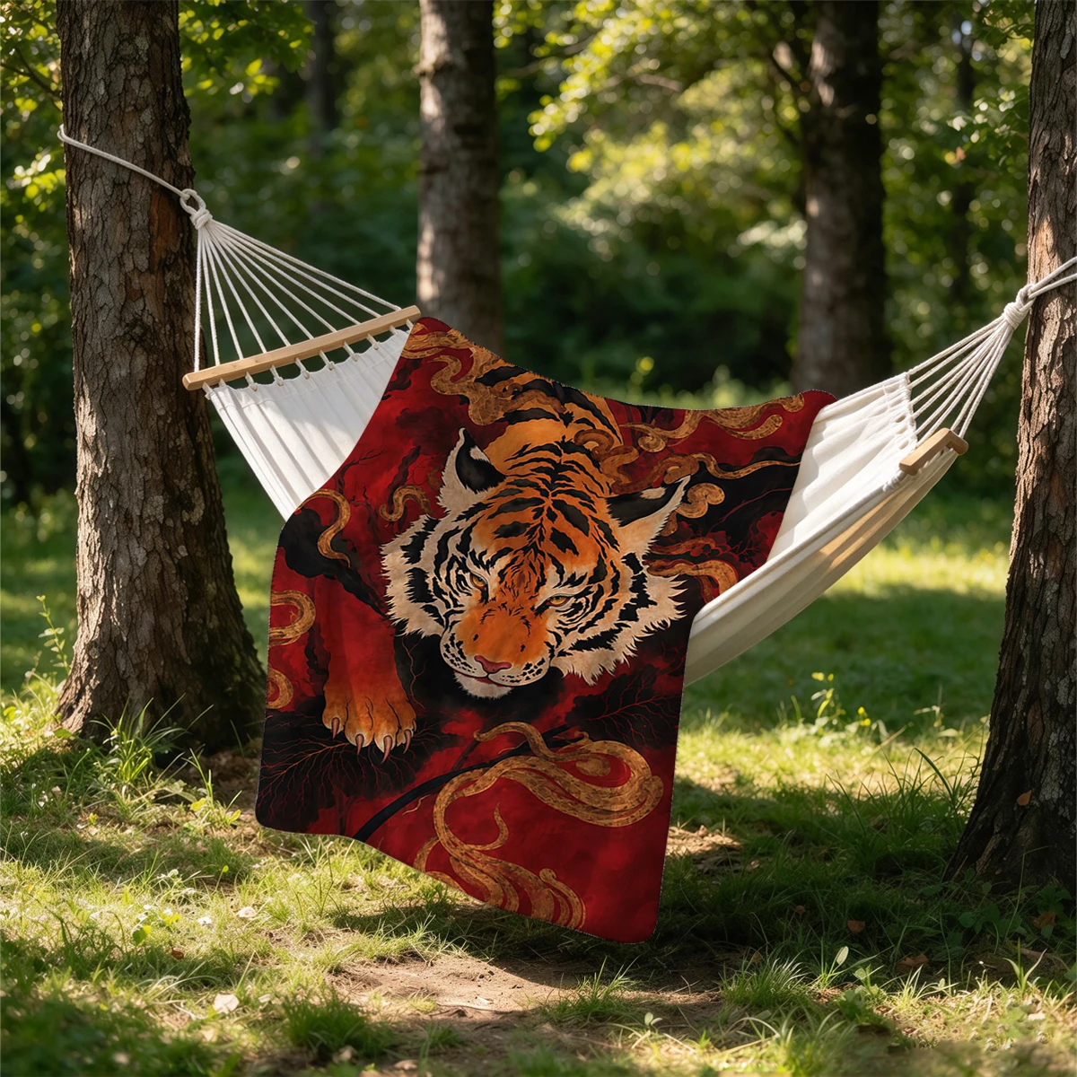 Red Gold Smoke Tiger Art Flannel Blanket Warm Soft Halloween Christmas Couch Warm Cozy Decorative Decor Gift for All Season