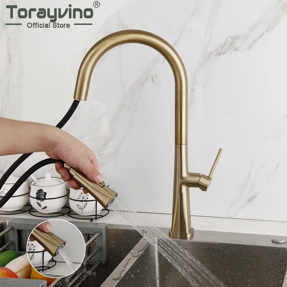 Torayvino Brushed Gold Kitchen Faucet Pull Out Cozinha Sink Water Tap 360 Rotation Mixer Hot and Cold Basin Deck Mounted Faucets