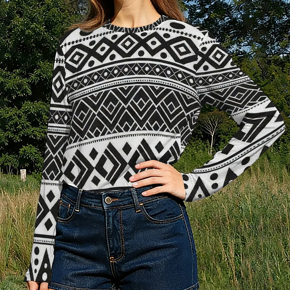 Women's Spring and Autumn Long-Sleeve T-Shirt, Exotic Geometric Style, Understated Trendy Street Casual Must-have item