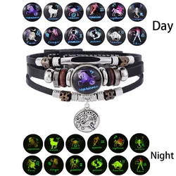 New 12 Constellation Zodiac Sign Leather Bracelet Taurus Leo Virgo Libra luminous Glass Dome Jewelry Punk Handmade Men Bracelet