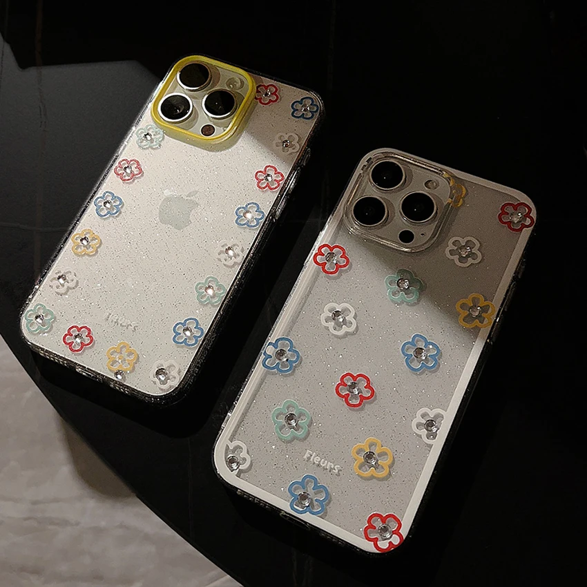 컬러풀 플라워 폰 케이스 아이폰 16 15 14 13 프로 12 11 맥스 플러스 16프로 글리터 장식 폰 케이스 글리터 15프로맥스 커버