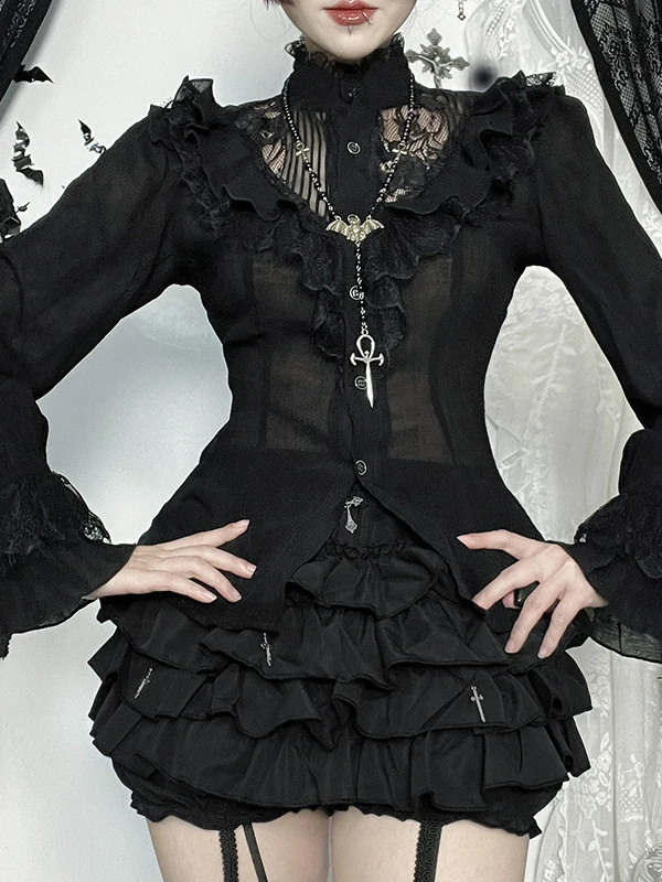 Wannathis Gothic Dark Style Long Sleeve Spicy Girl Outfit Outdoor Street Snap Set Cosplay Costume Lightweight Autumn Shirt fo...