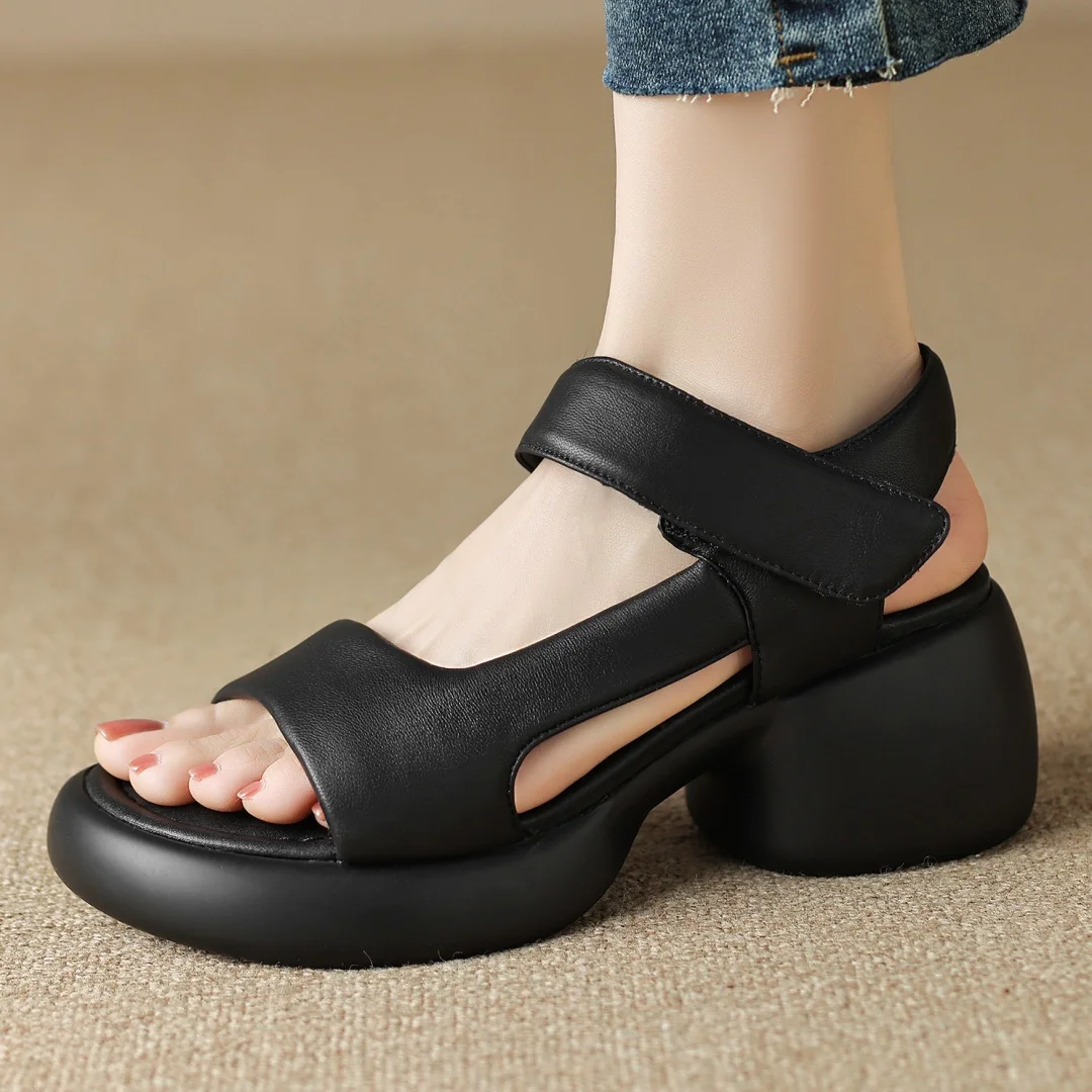 

Women's genuine leather chunky heel platform punk sandals narrow band open toe casual female summer high quality shoes 2024 new