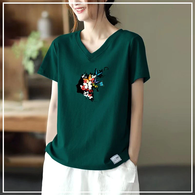 

2024 New Summer Korean Version Casual Minimalist Loose Oversize Fashion Trend V-neck Print Versatile Short Sleeved T-shirt