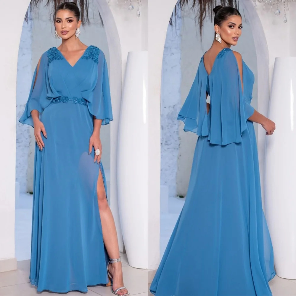 

Customized Modern Blue Chiffon Evening Dress Exquisite V-Neck Long Sleeves Homecoming Dresses High Quality Vestido De Festa