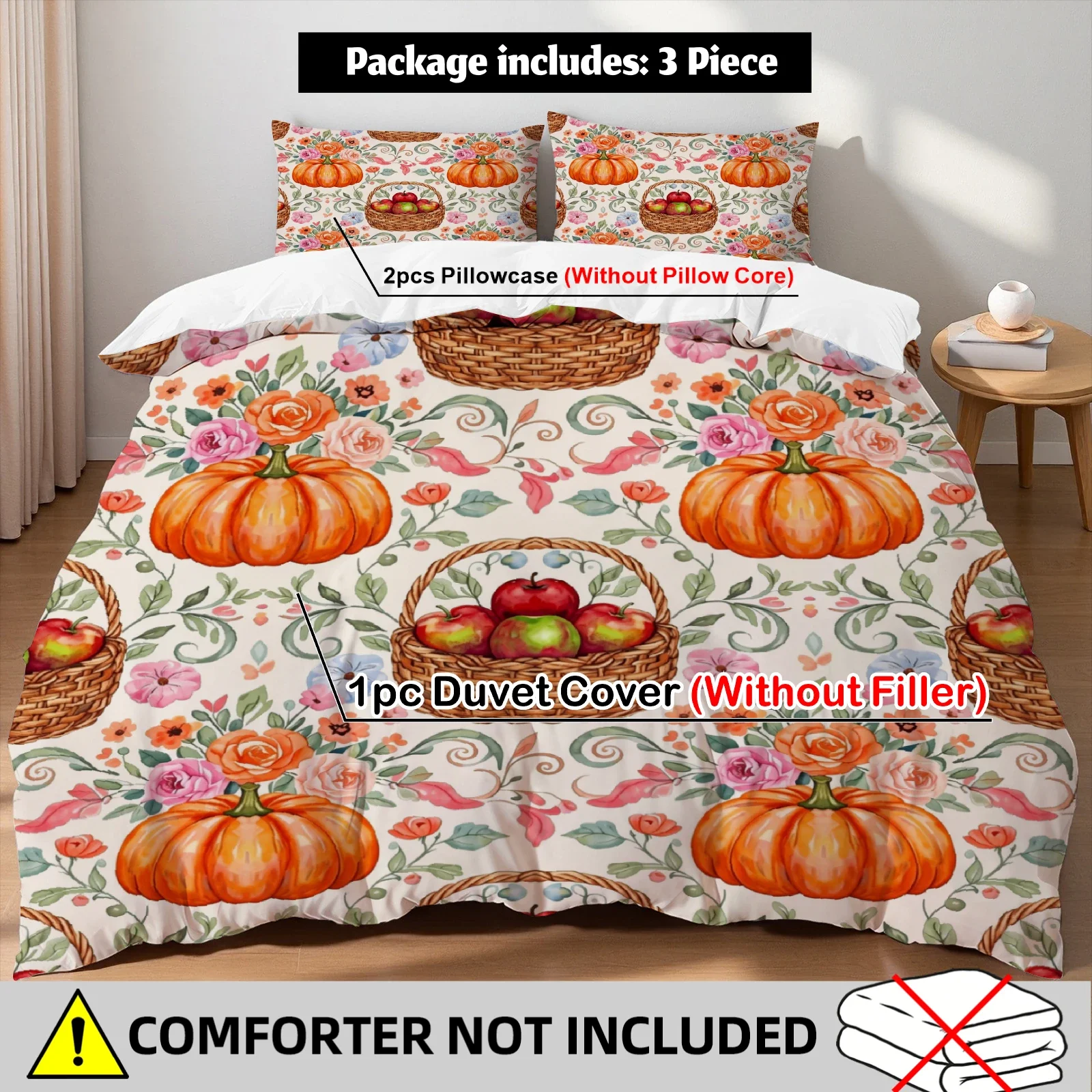 3Pc Bedding Set Pumpkin Apple Basket Floral Print Print Soft Microfiber 1Duvet Cover+2Pillowcases Home Decoration No Comforter