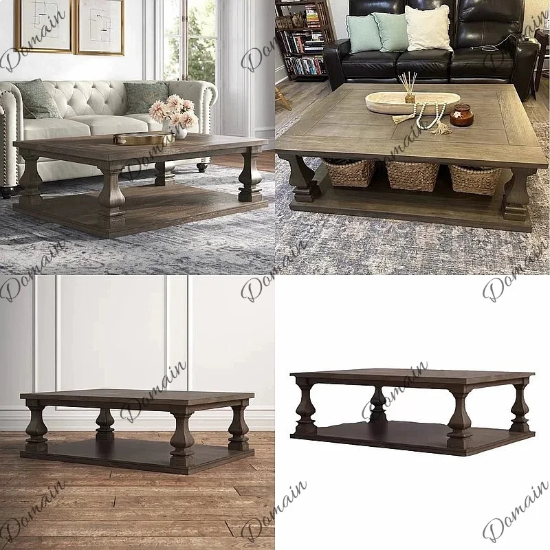 American Retro Solid Wood Two-Tier Coffee Table French Style Living Room Sofa Side Table Rustic Long Tea Table