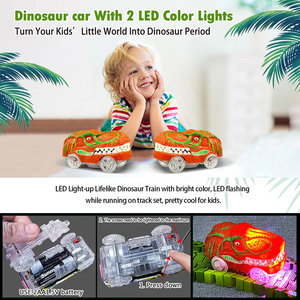 Railway Racing Track Play Set Educational DIY Bend Flexible Race Track Electronic Flash LED Light Car Dino Toys For Children