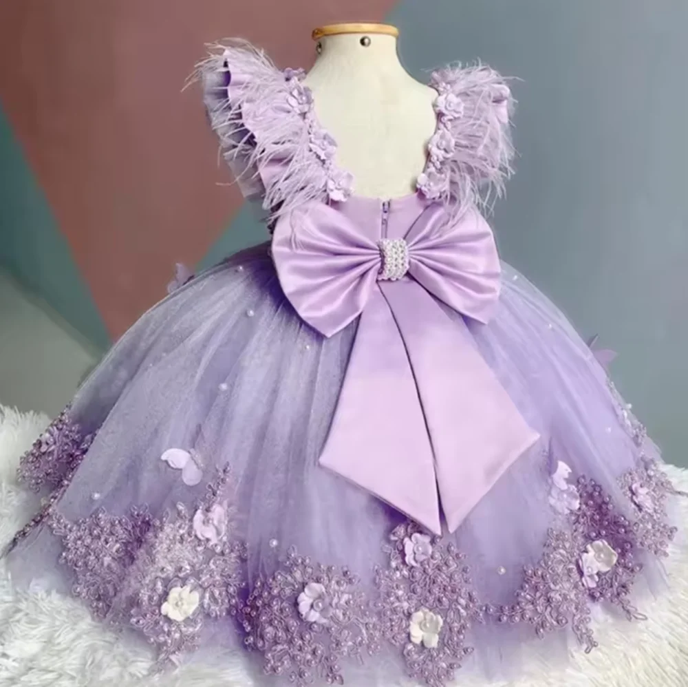 

Customized Flower Girl Dresses For Wedding Appliques Pearls 3D Flower Butterflies Kids Birthday Party First Communion Ball Gown