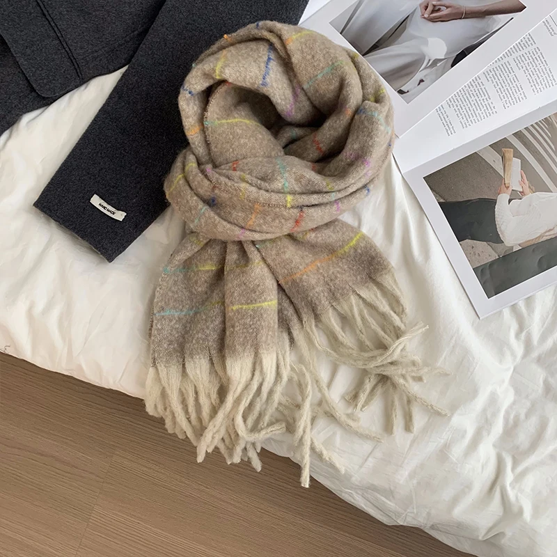 Women Classic Chic Autumn Winter Colorful Striped Tassel Warm Muffler Scarf Female Thermal Shawl Lady Cloak Poncho Outwear Scarf