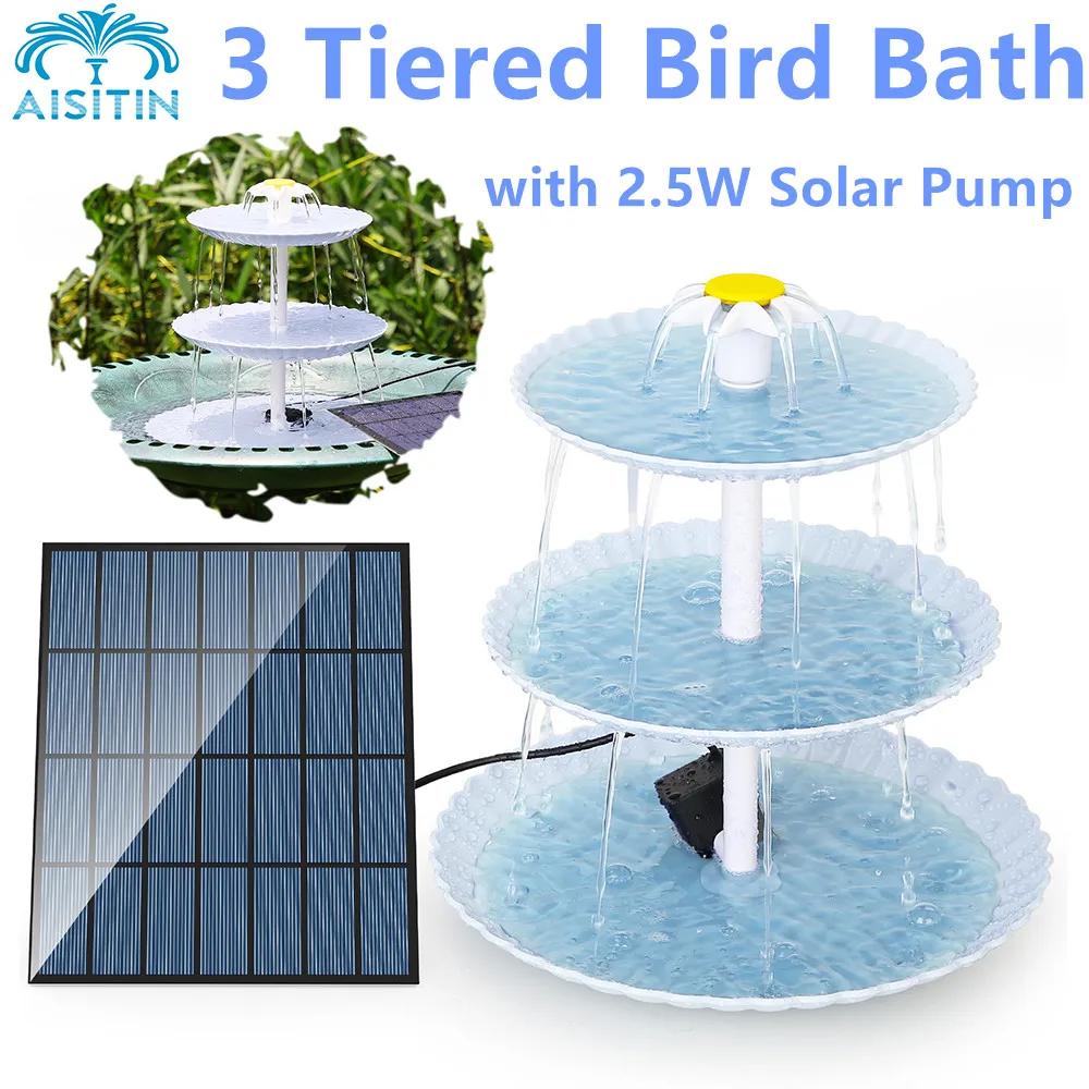 AISITIN 3 Tiered Bird Bath with 2.5W Solar Pump, DIY Solar Fountain Detachable and Suitable for Bird Bath, Garden Decoration