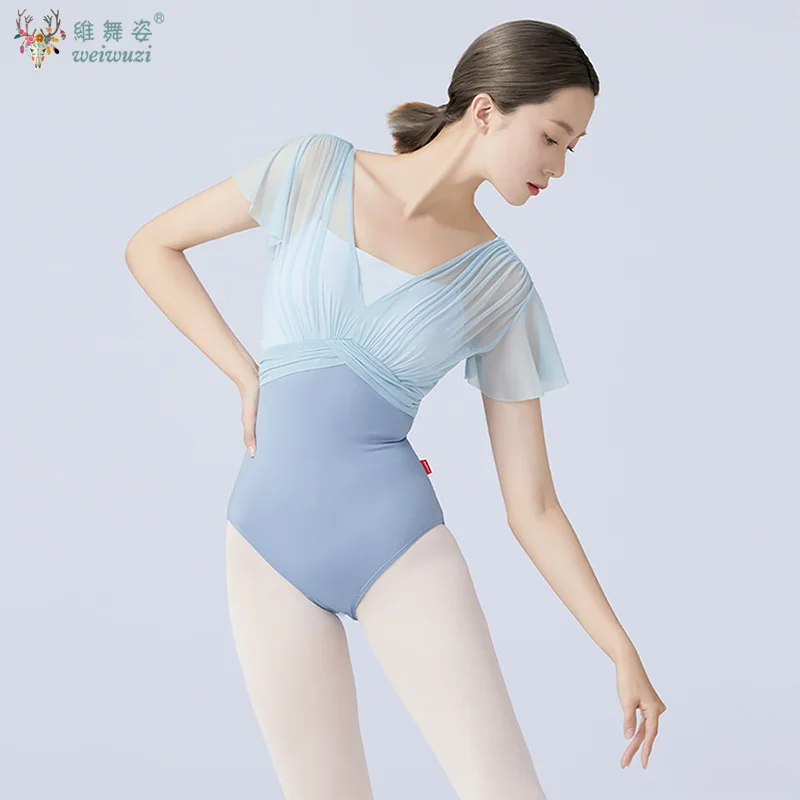 Justaucorps de Ballet pour femmes justaucorps de danse en Nylon épissé à manches courtes plis body de Ballet adulte faux justaucorps de gymnastique deux pièces