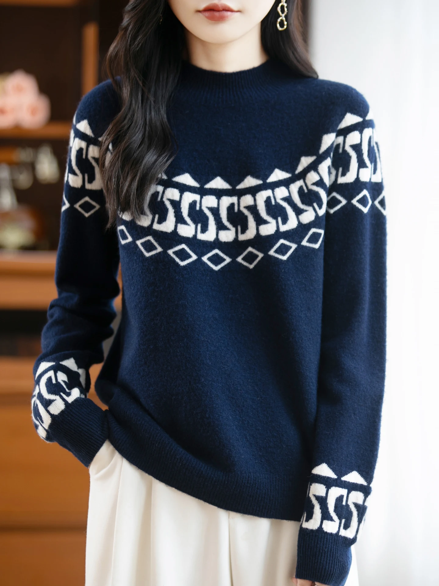 

TLOML Chic Women's Wool O-neck Jacquard Color Blocking Pullover Cashmere Sweater Autumn Winter 100% Merino Wool Knit Casual Tops