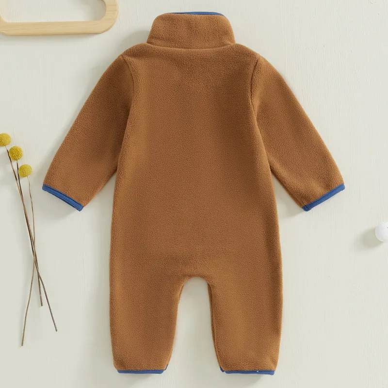 0 to 12 Months Baby Boy Fleece Romper Autumn Winter Clothes Long Sleeve Stand Collar Pockets Plush Overalls with Zipper