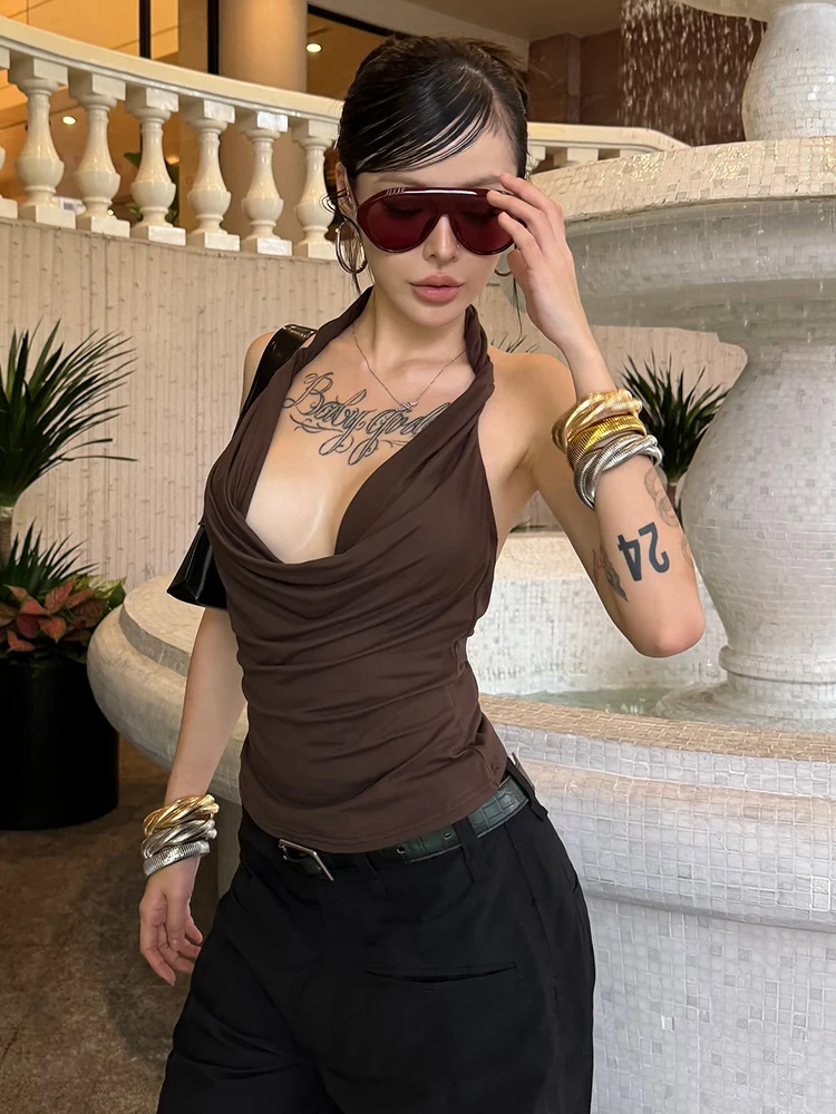 

Weird Puss Сексуальный жилет с распашным воротником Женский Y2K Hottie с открытой спиной и веревкой Холтер без рукавов Узкая повседневная уличная одежда Базовые шикарные майки