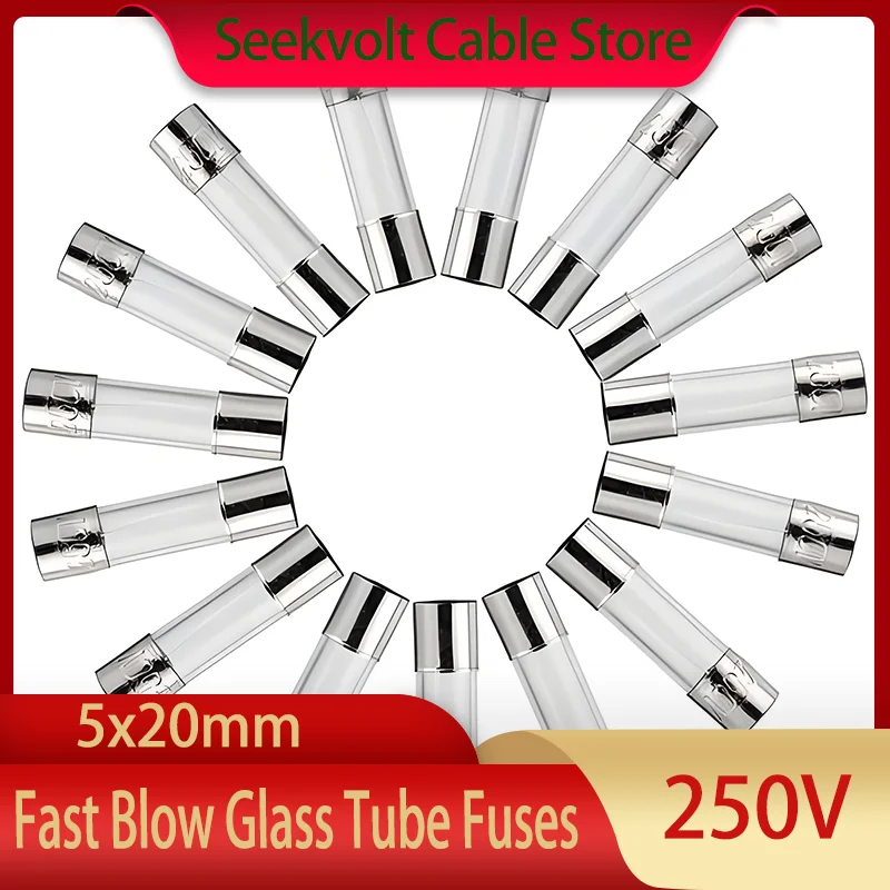 5X20mm Quick Break Glass Fuse Tube 250V Multiple Amperages F0.5A-30A Pack of 20/50/100 Pcs for Electrical Circuit Protection