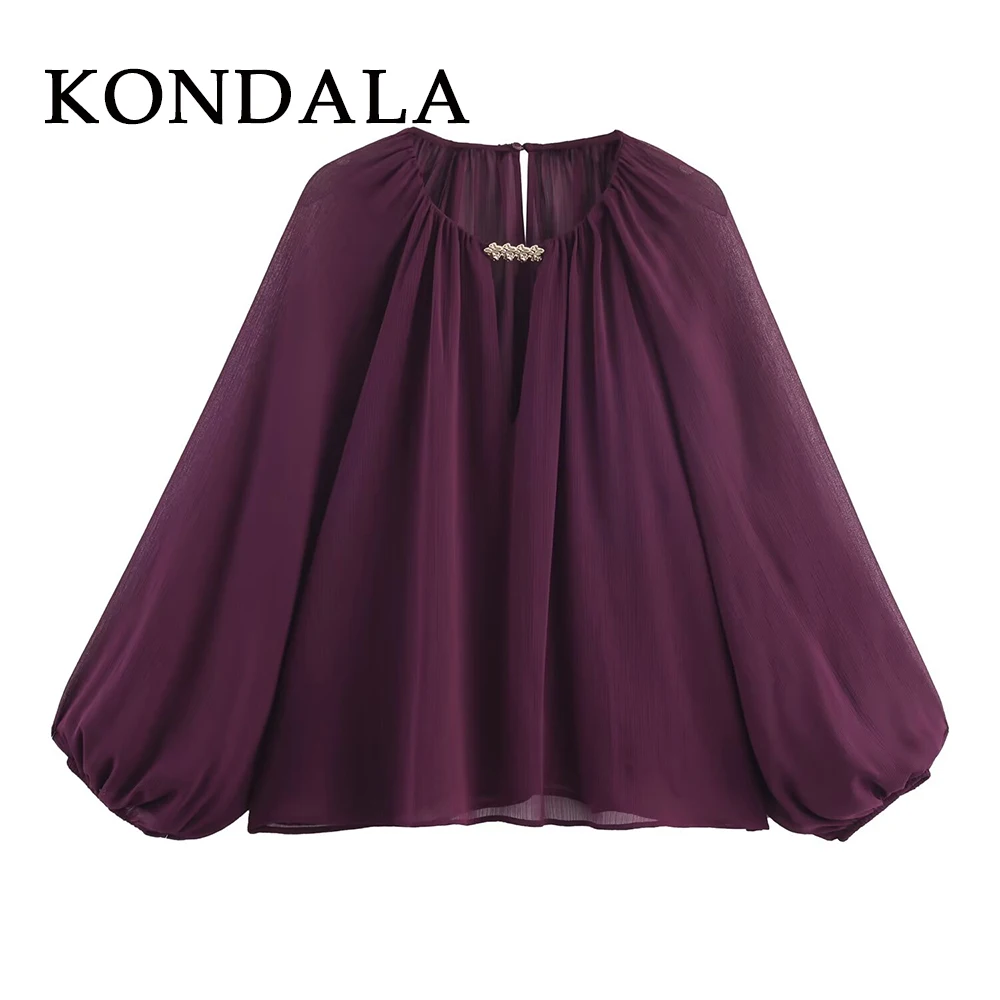 KONDALA Chic 2025 Woman Semi-transparent Blouse Casual Fashion Pleated Elegant Vintage Button Autumn O-Neck Loose Modern Shirt