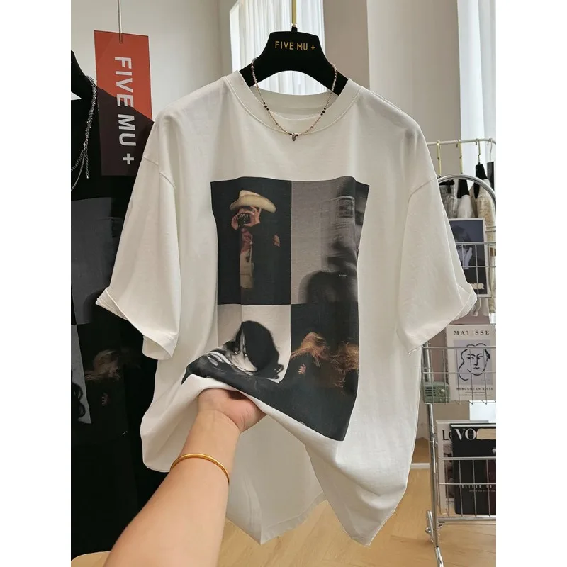 

Summer Loose Pure Cotton O-neck Short Sleeve T-shirt Women Vintage Harajuku Y2k Chic Printed Casual Thin Tops
