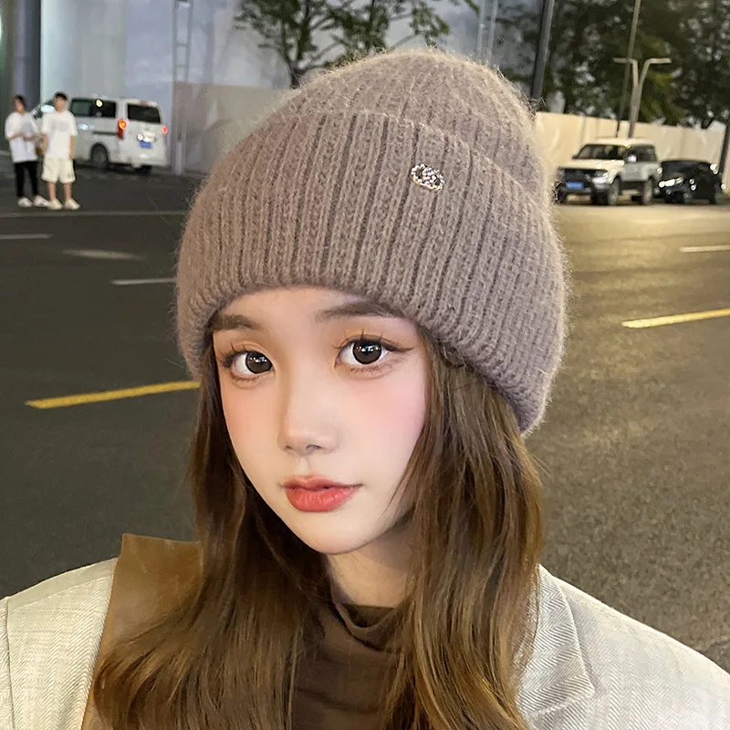 Premium Sense Chic Style Versatile Casual Solid Color Velvet Rabbit Fur Hat Crimped Diamond Label Ear Protector Knitted Hat