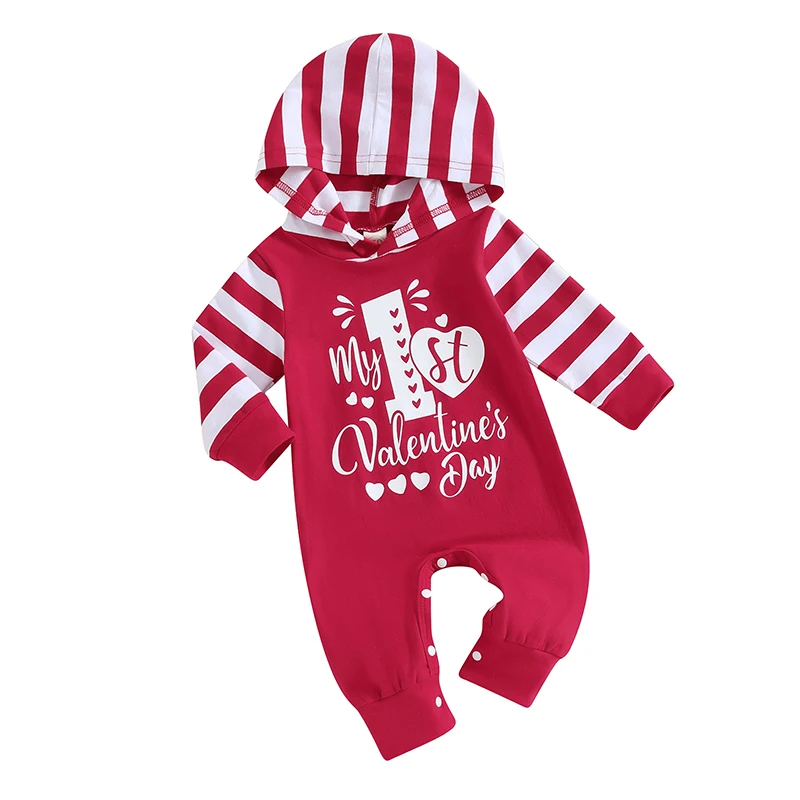 Ledy Champswiin Baby Boy Girl First Valentine s Romper Hooded Clothes Striped Jumpsuit  Outfits