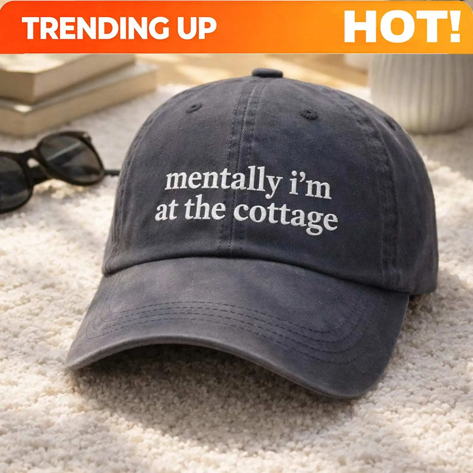 Embroidered Mentally I’m At The Cottage Hat, Hockey Romance LGBT Baseball Cap, Heated Rivalry Movie Fan Gift, Unisex Washed Dad