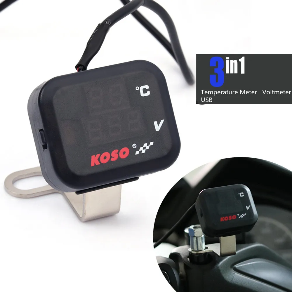 3 in 1 Universal KOSO Motorcycle Voltmeter Thermometer  Indicator Voltage Digital Display USB Charger For Vespa TMAX XMAX