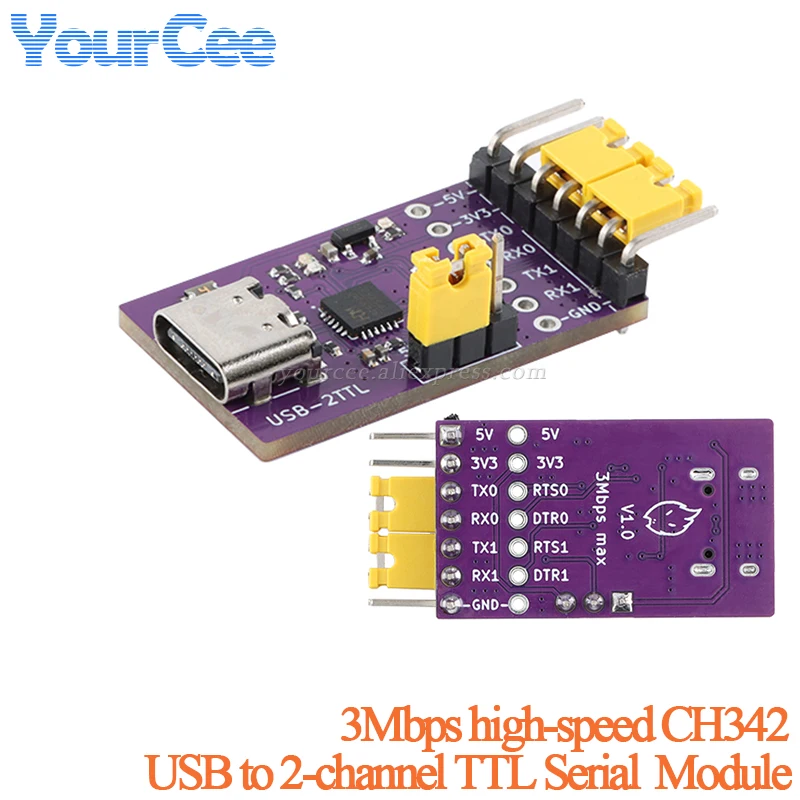 2 stks/1 st USB naar 2 Kanaals Manier TTL Seriële Poort Module Type-C 3 Mbps Hoge Snelheid CH342 Chip Communicatie Conversie Module