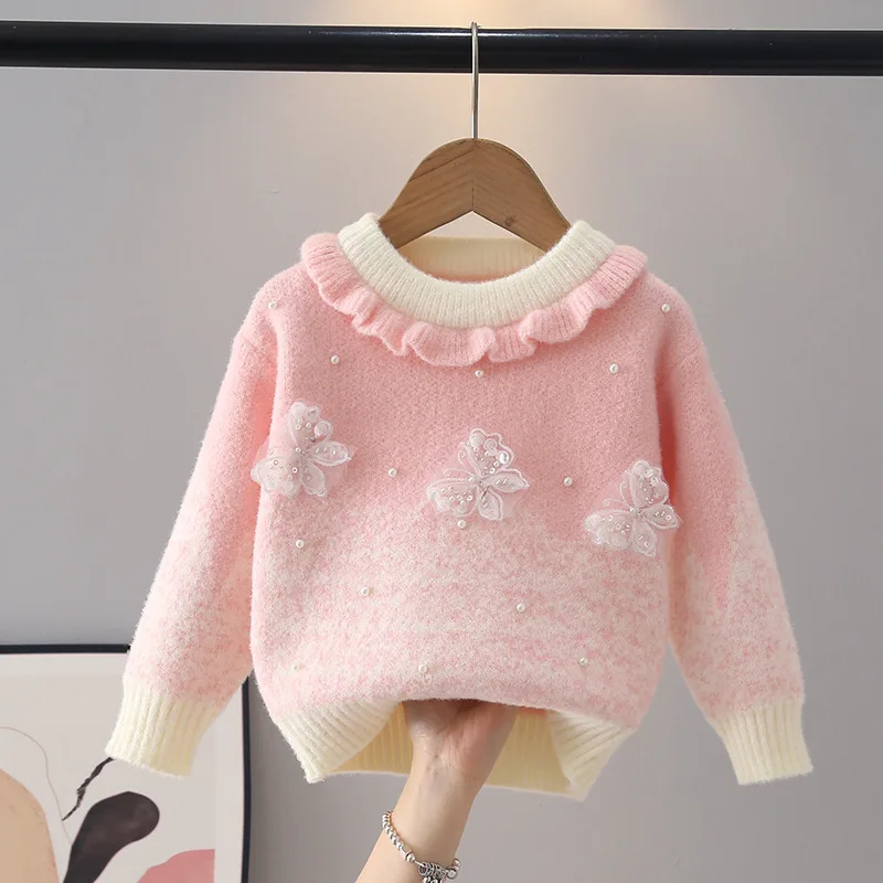 Adorable Fluffy Sweaters for Kids Girls Stylish Color-block Pullover Delicate 3D Butterfly Sparkling Beads Princess Tops JY10033