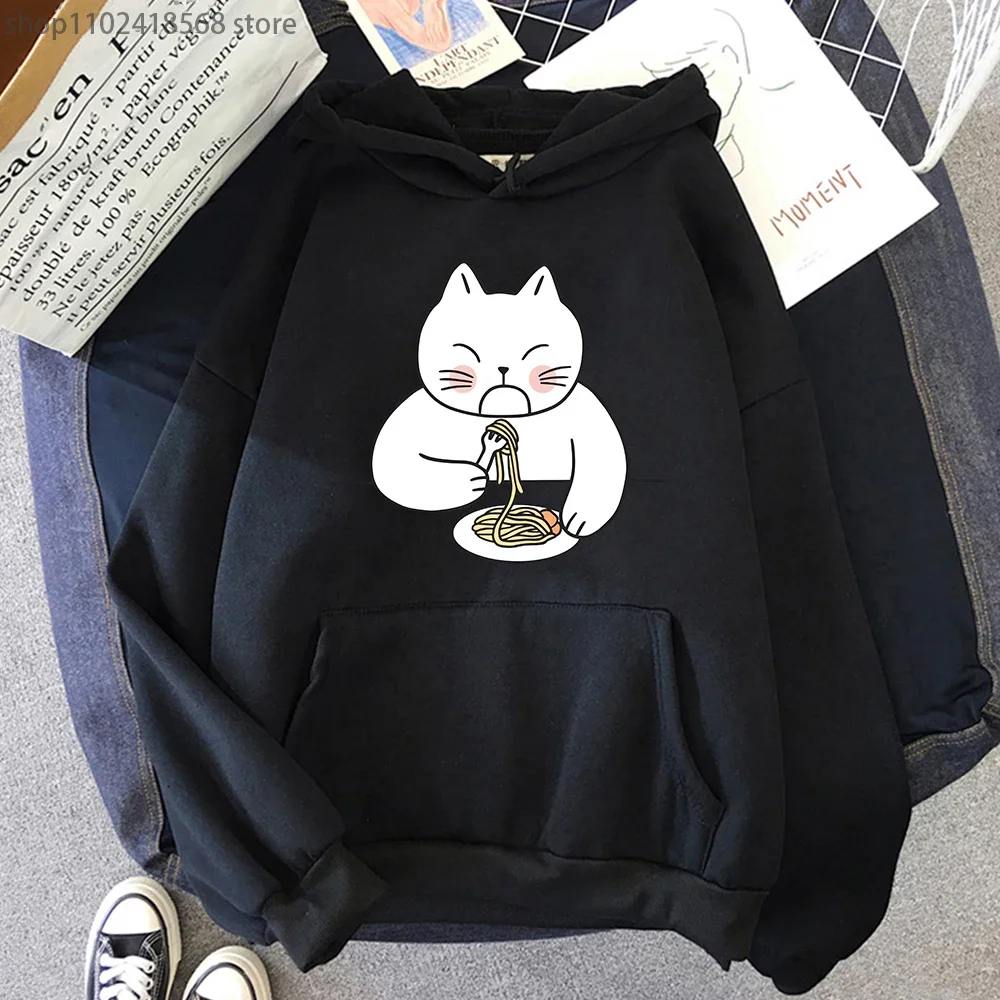 

Cartoon Cat Eating Spaghetti Hoodies Men Fashion Graphic Sweatshirt Korean Style Winter Clothes Women Manga/Comic Soft Pullover