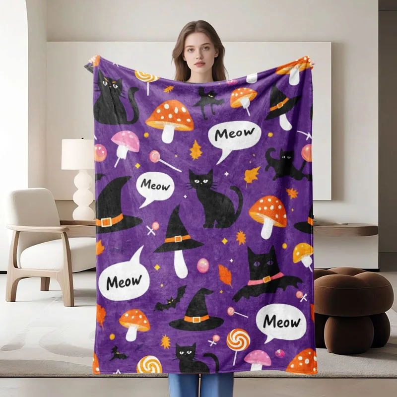 قطعة واحدة من بطانية الفانيلا الأرجوانية على شكل قطة الهالوين، ناعمة، مناسبة للأريكة والسرير والمكتب والاستخدام لجميع المواسم.