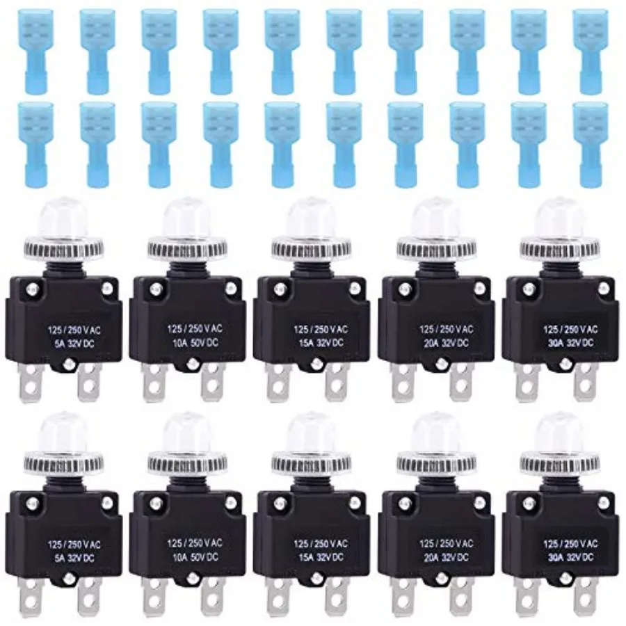 

30Pcs 5A 10A 15A 20A 30A Circuit Breakers Thermal Overload Protector Switch with Manual Reset 32VDC, AC125-250V With Quick Conn