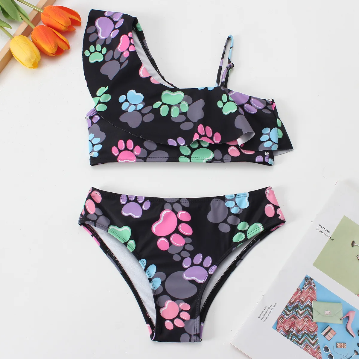 

Girls Ruffle Bikini Two Pieces Swimsuit Kids Cat Footprints One Shoulder Children's Swimwear 7-12Years Teenager Bathing Suit