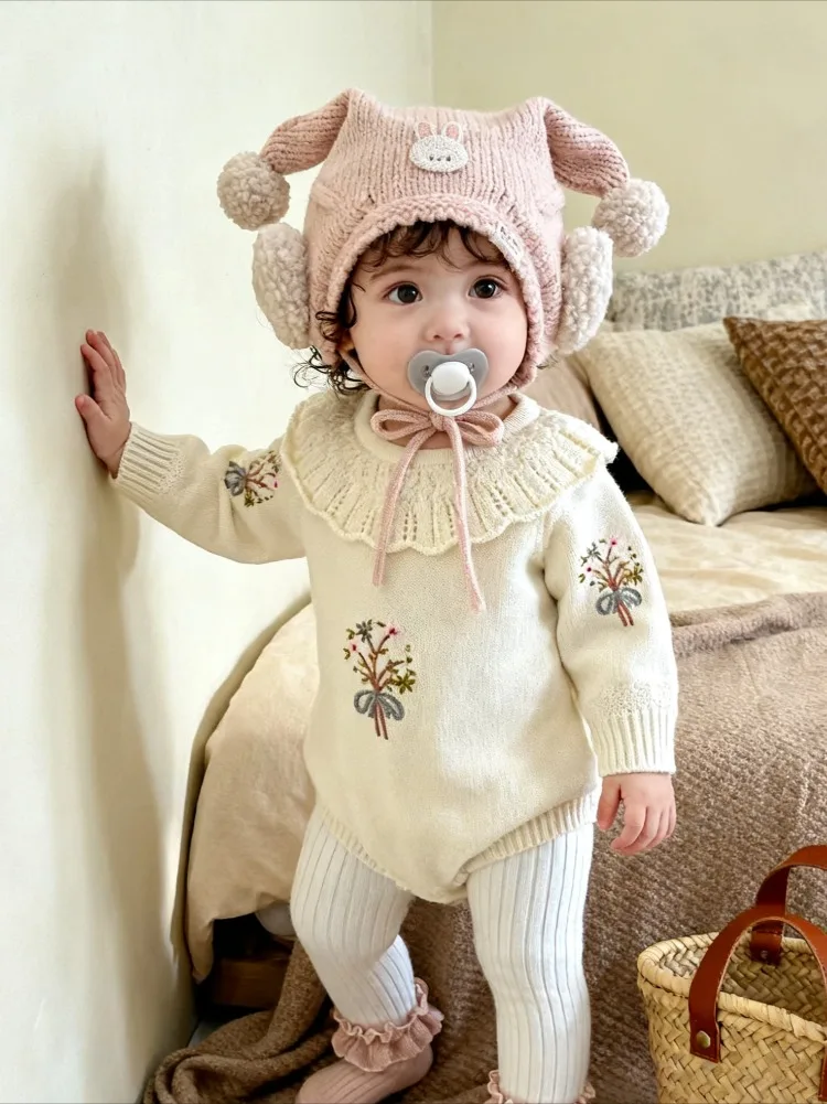 

Korean Spring Autumn new baby knit lotus leaf collar long sleeve women's baby embroidered bag fart clothes jumpsuit crawling