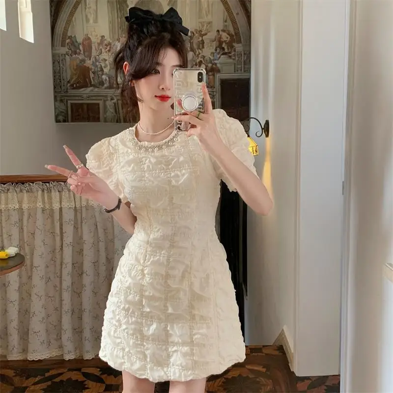 

Heavy Industry Short Sleeved Party Girls Dress Cute Summer New Closed Waist Lady Temperament Skirt Lace Streetwear Korean Japan