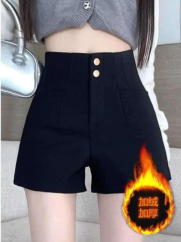 

plus Size Women's Fleece Lined Thick A-Line Short Pants Double Button Stylish Versatile Spicy Girl Pure Desire Style Trousers