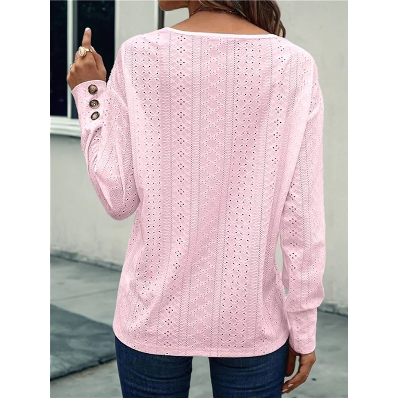 

ABP-Women's Tops Dressy Casual V Neck Long Sleeve Buttons Hollow Out Lace Embroidered Blouses Shirts